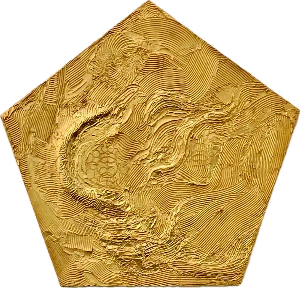 Sculptural Painting on Wood Canvas with Gold Leaf